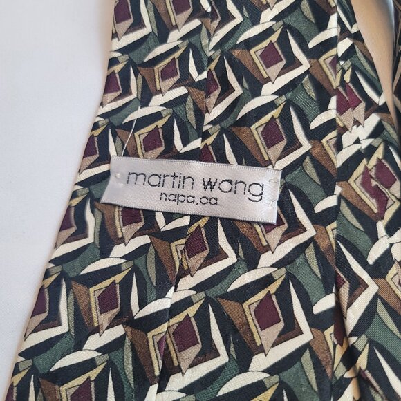 Martin Wong Men's Silk Tie Ivory Gray & Burgundy Abstract Design Napa California - Picture 6 of 8